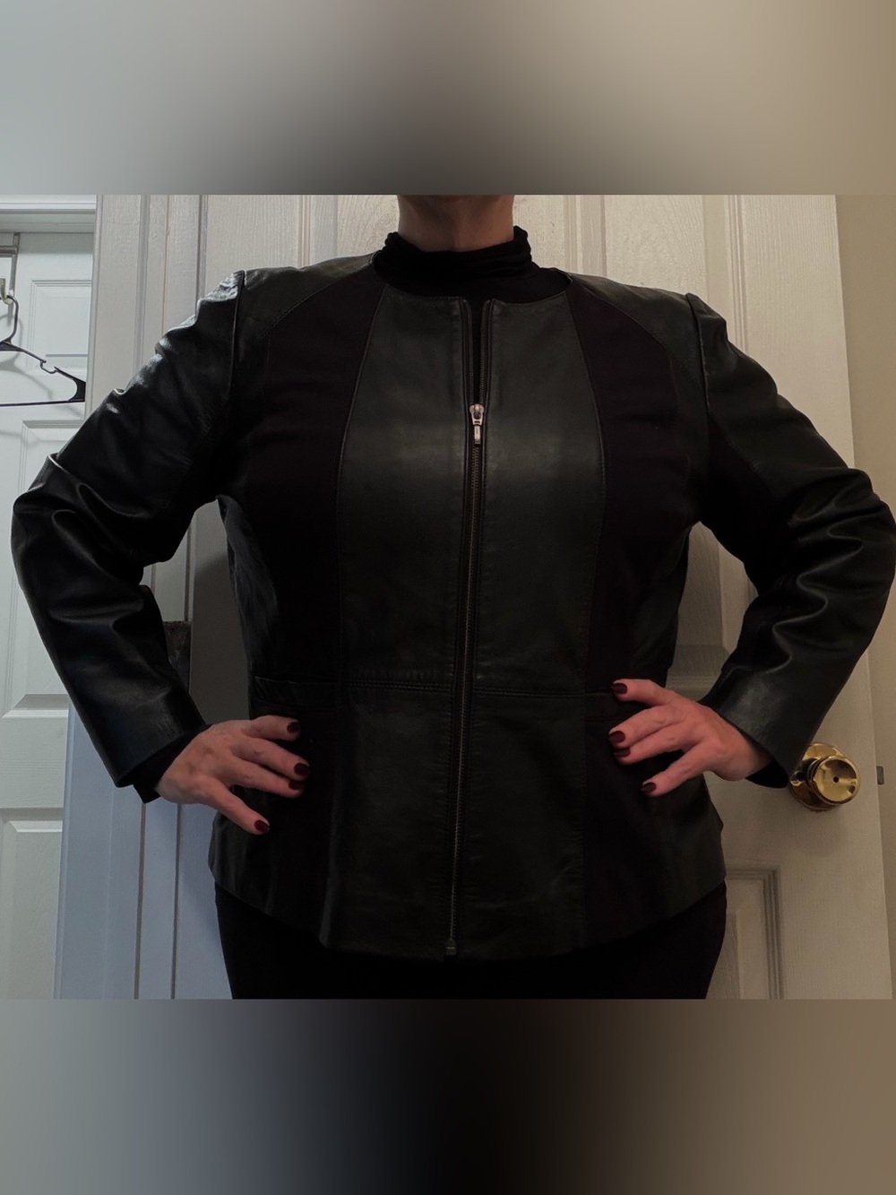 Sejour Black Leather Zip-Front Panel Jacket